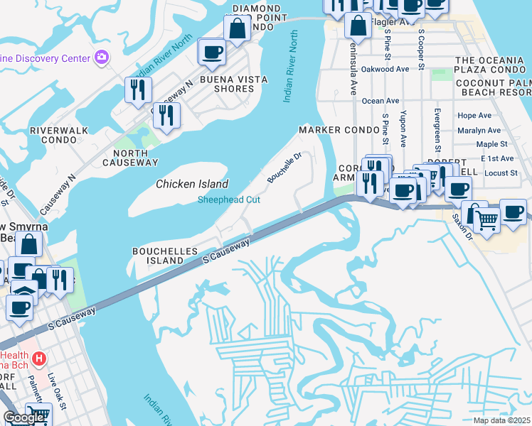 map of restaurants, bars, coffee shops, grocery stores, and more near 400 Bouchelle Drive in New Smyrna Beach