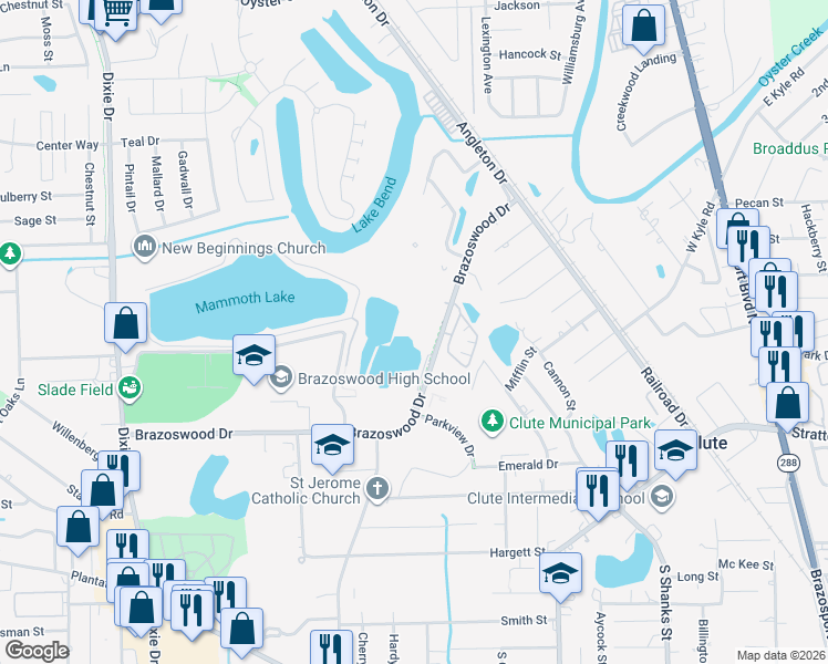 map of restaurants, bars, coffee shops, grocery stores, and more near 200 E Brazoswood Dr in Clute