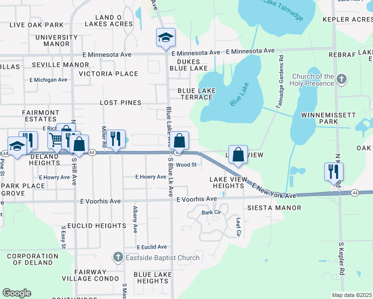 map of restaurants, bars, coffee shops, grocery stores, and more near 1411 East New York Avenue in DeLand