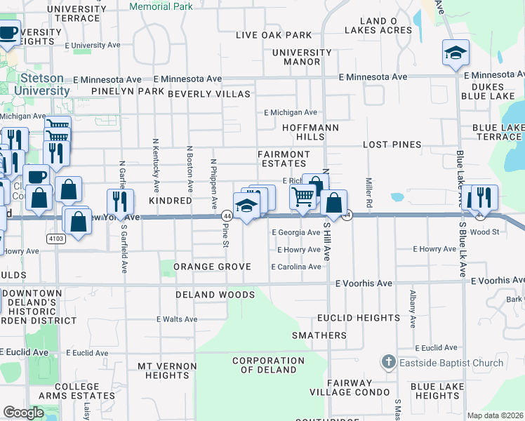 map of restaurants, bars, coffee shops, grocery stores, and more near 844 Florida 44 in DeLand