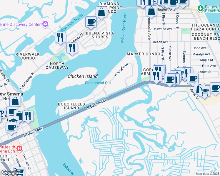 map of restaurants, bars, coffee shops, grocery stores, and more near 452 Bouchelle Drive in New Smyrna Beach