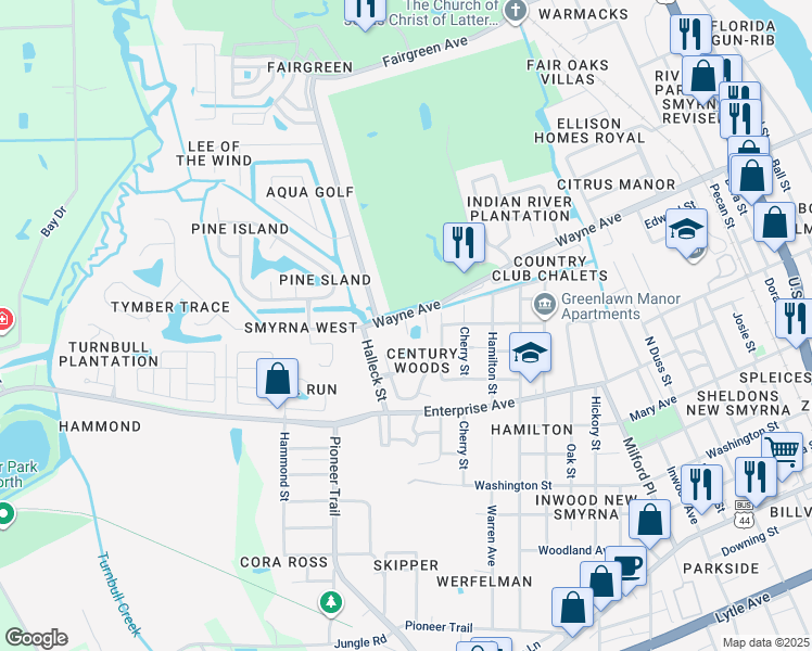 map of restaurants, bars, coffee shops, grocery stores, and more near 611 Turnstone Trce in New Smyrna Beach