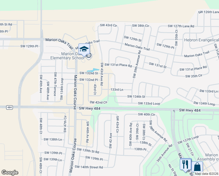 map of restaurants, bars, coffee shops, grocery stores, and more near 13254 Southwest 42nd Circle in Ocala