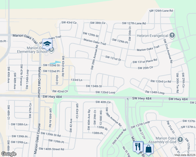 map of restaurants, bars, coffee shops, grocery stores, and more near 3636 Southwest 133rd Loop in Ocala