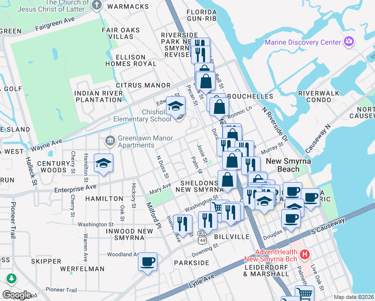 map of restaurants, bars, coffee shops, grocery stores, and more near 503 Rose Court in New Smyrna Beach