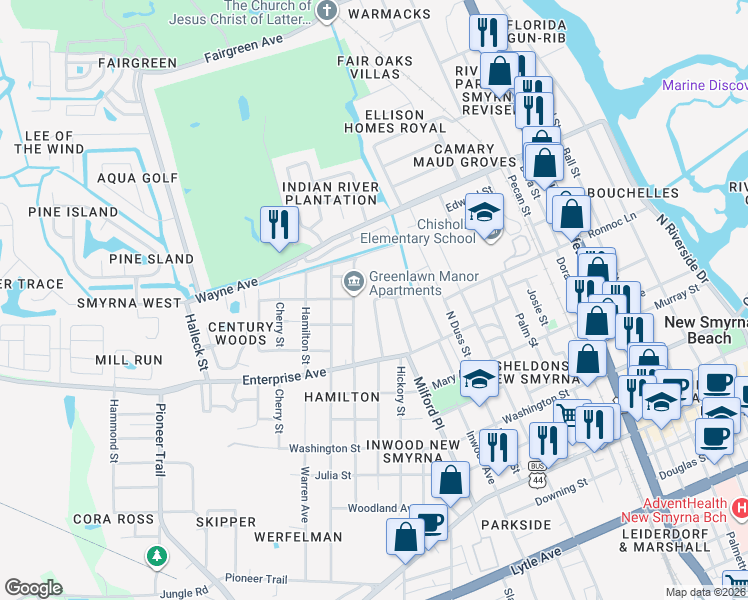 map of restaurants, bars, coffee shops, grocery stores, and more near Greenlawn Street in New Smyrna Beach