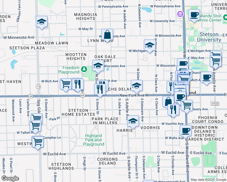 map of restaurants, bars, coffee shops, grocery stores, and more near 119 North Orange Avenue in DeLand