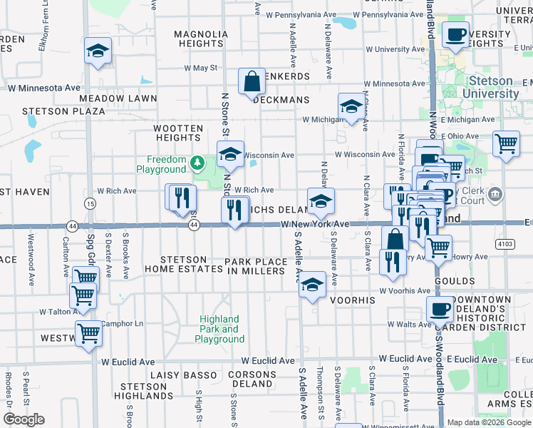 map of restaurants, bars, coffee shops, grocery stores, and more near 119 North Orange Avenue in DeLand