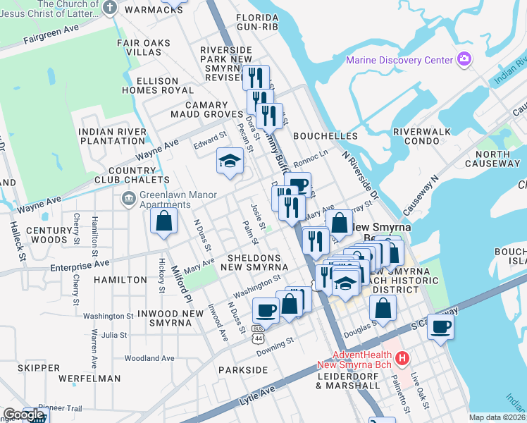 map of restaurants, bars, coffee shops, grocery stores, and more near 511 Mary Avenue in New Smyrna Beach