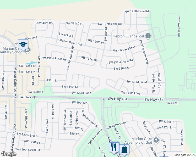 map of restaurants, bars, coffee shops, grocery stores, and more near 3849 Southwest 133rd Loop in Ocala