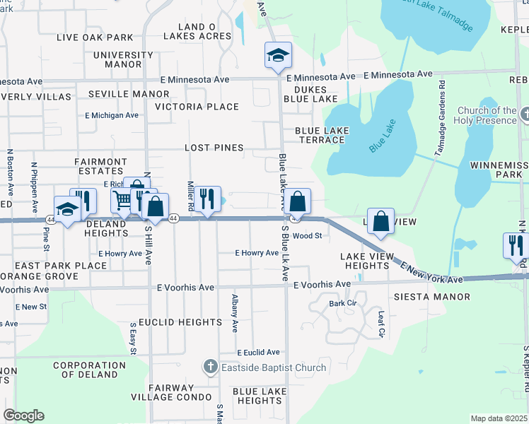 map of restaurants, bars, coffee shops, grocery stores, and more near 1336 Tilapia Trail in DeLand