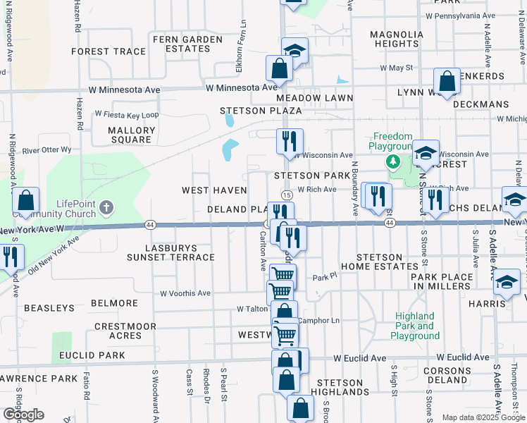 map of restaurants, bars, coffee shops, grocery stores, and more near 1145 West New York Avenue in DeLand