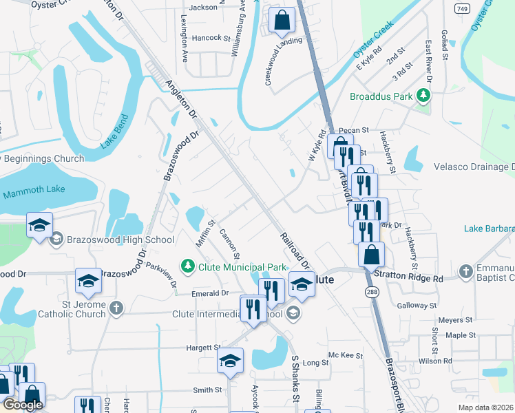 map of restaurants, bars, coffee shops, grocery stores, and more near 517 Montgomery Street in Clute