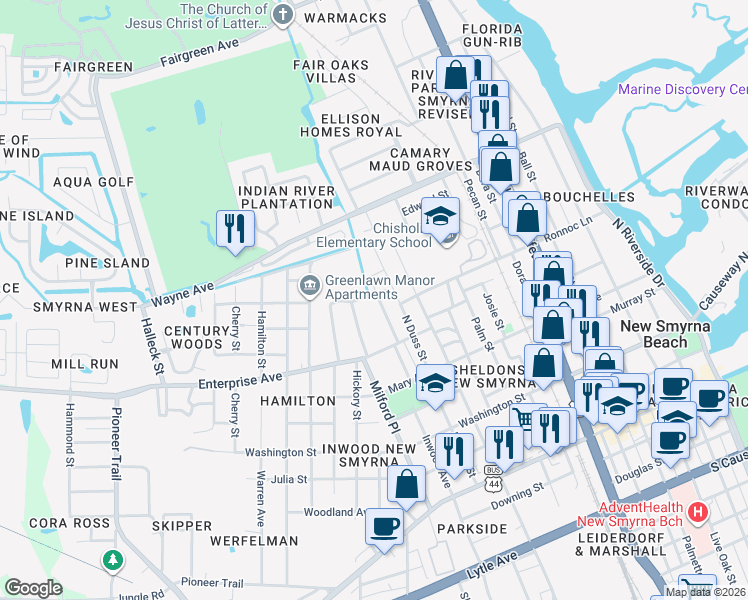 map of restaurants, bars, coffee shops, grocery stores, and more near 516 Sinnka Street in New Smyrna Beach