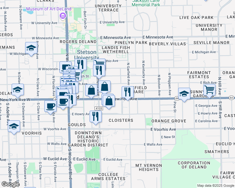 map of restaurants, bars, coffee shops, grocery stores, and more near 349 Florida 44 in DeLand