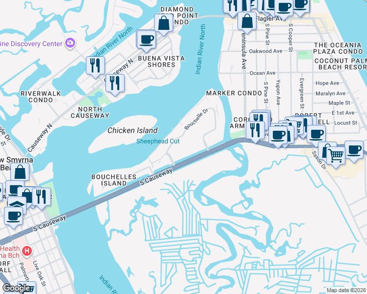 map of restaurants, bars, coffee shops, grocery stores, and more near 400 Bouchelle Drive in New Smyrna Beach