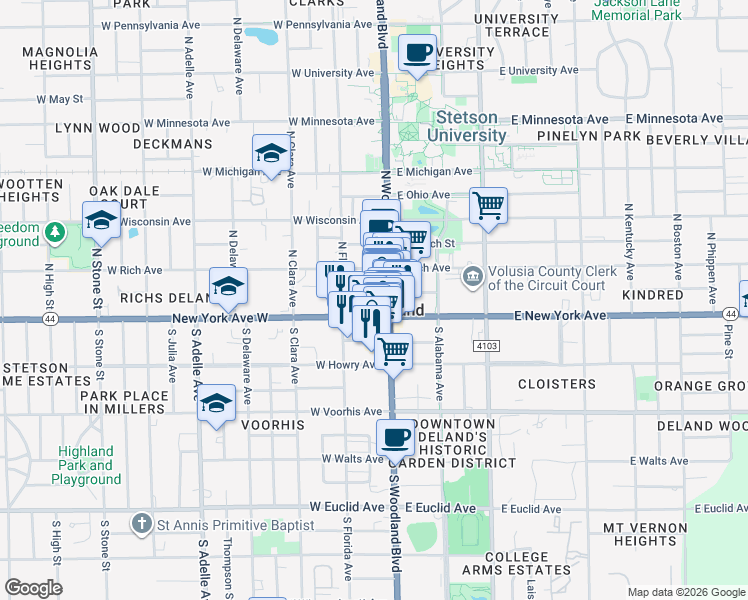 map of restaurants, bars, coffee shops, grocery stores, and more near 120 West New York Avenue in DeLand