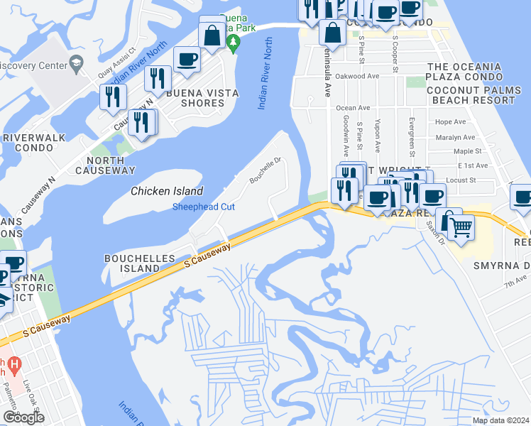 map of restaurants, bars, coffee shops, grocery stores, and more near 407 Bouchelle Drive in New Smyrna Beach