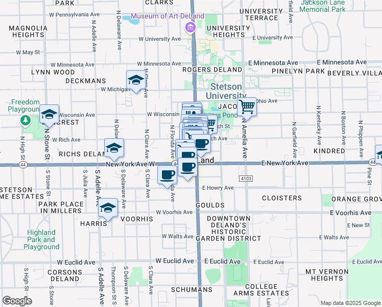 map of restaurants, bars, coffee shops, grocery stores, and more near 119 West Indiana Avenue in DeLand