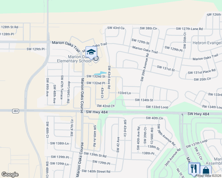 map of restaurants, bars, coffee shops, grocery stores, and more near 13206 Southwest 42nd Circle in Ocala