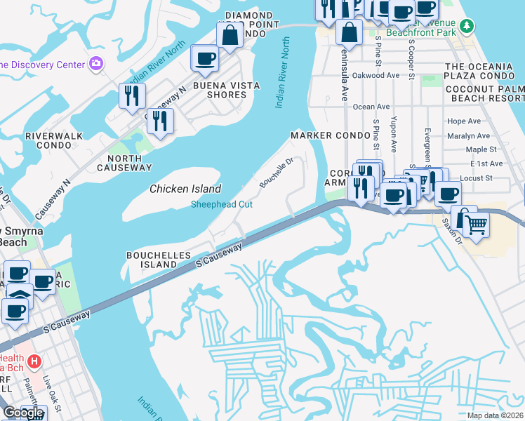 map of restaurants, bars, coffee shops, grocery stores, and more near 458 Bouchelle Drive in New Smyrna Beach