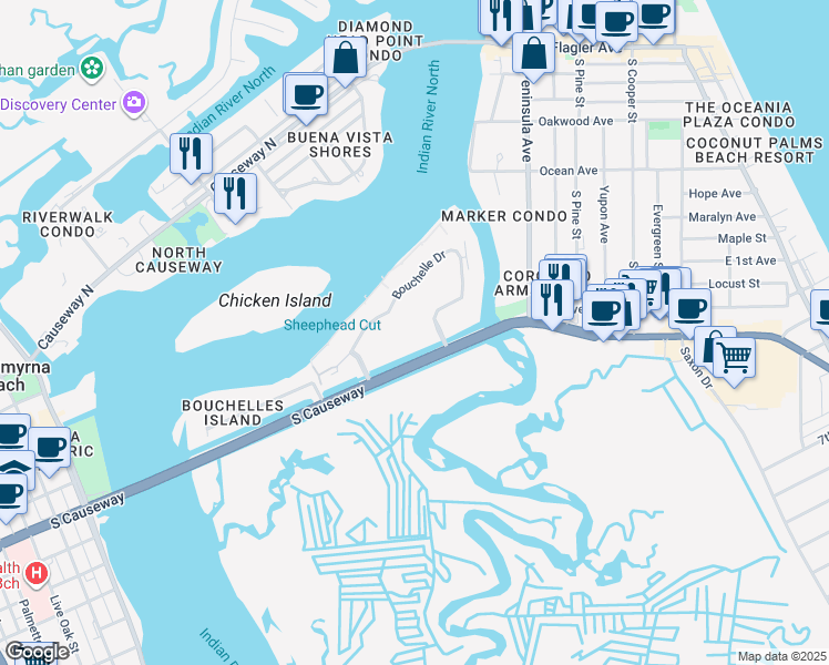 map of restaurants, bars, coffee shops, grocery stores, and more near in New Smyrna Beach