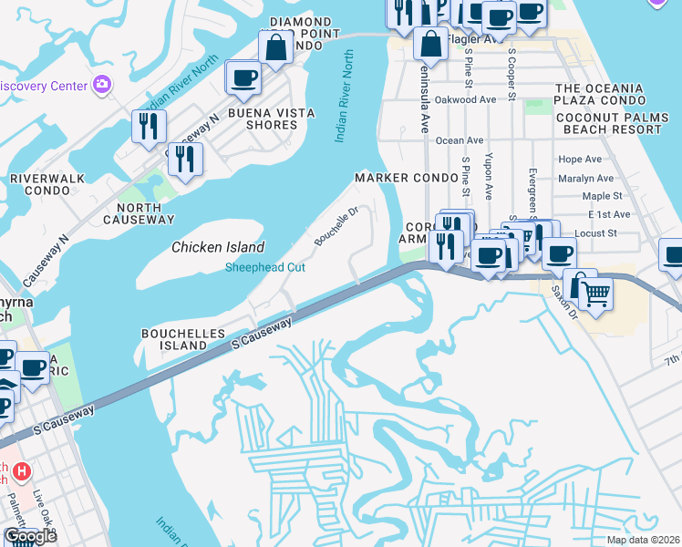 map of restaurants, bars, coffee shops, grocery stores, and more near 407 Bouchelle Drive in New Smyrna Beach
