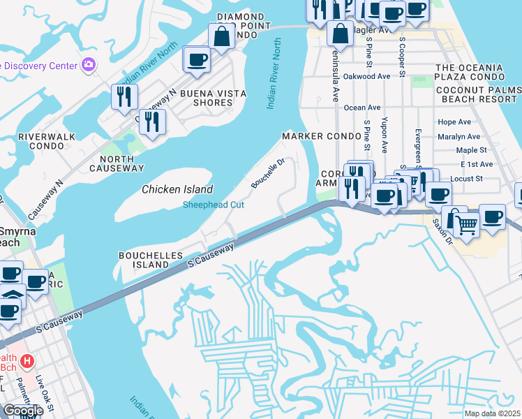 map of restaurants, bars, coffee shops, grocery stores, and more near 407 Bouchelle Drive in New Smyrna Beach