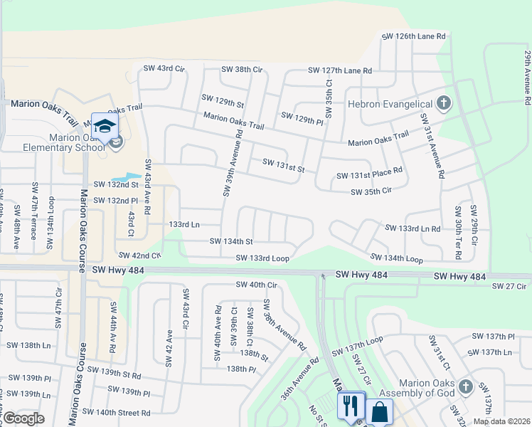 map of restaurants, bars, coffee shops, grocery stores, and more near 3708 Southwest 133rd Loop in Ocala