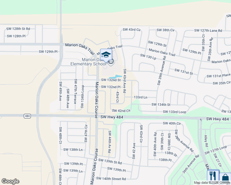 map of restaurants, bars, coffee shops, grocery stores, and more near 4315 Southwest 132nd Place in Ocala