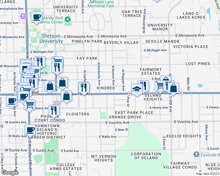 map of restaurants, bars, coffee shops, grocery stores, and more near 630 East Indiana Avenue in DeLand