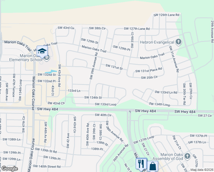 map of restaurants, bars, coffee shops, grocery stores, and more near 3708 Southwest 133rd Loop in Ocala