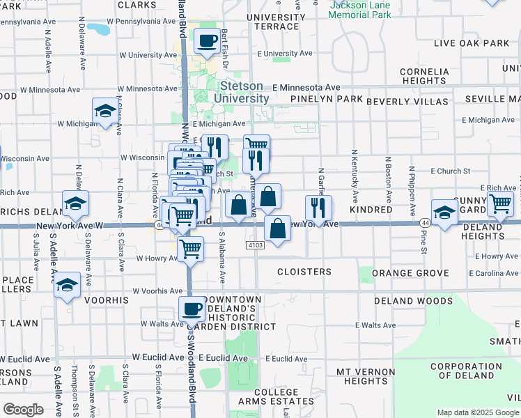 map of restaurants, bars, coffee shops, grocery stores, and more near 101 North Amelia Avenue in DeLand