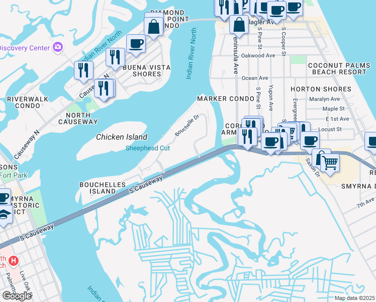 map of restaurants, bars, coffee shops, grocery stores, and more near 400 Bouchelle Drive in New Smyrna Beach