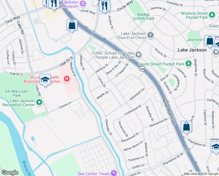 map of restaurants, bars, coffee shops, grocery stores, and more near 203 South Yaupon Street in Lake Jackson