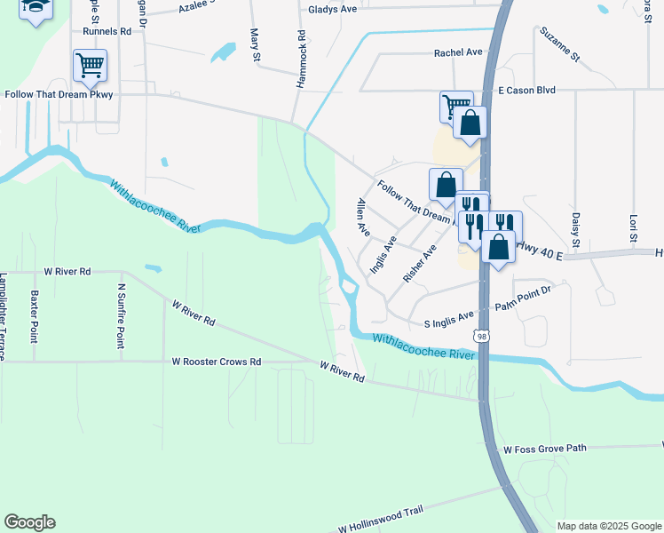 map of restaurants, bars, coffee shops, grocery stores, and more near 11553 N Honey Jorden Point in Inglis
