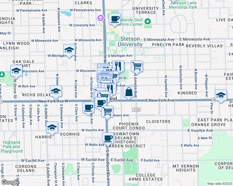 map of restaurants, bars, coffee shops, grocery stores, and more near 134 DeLand Greenway in DeLand