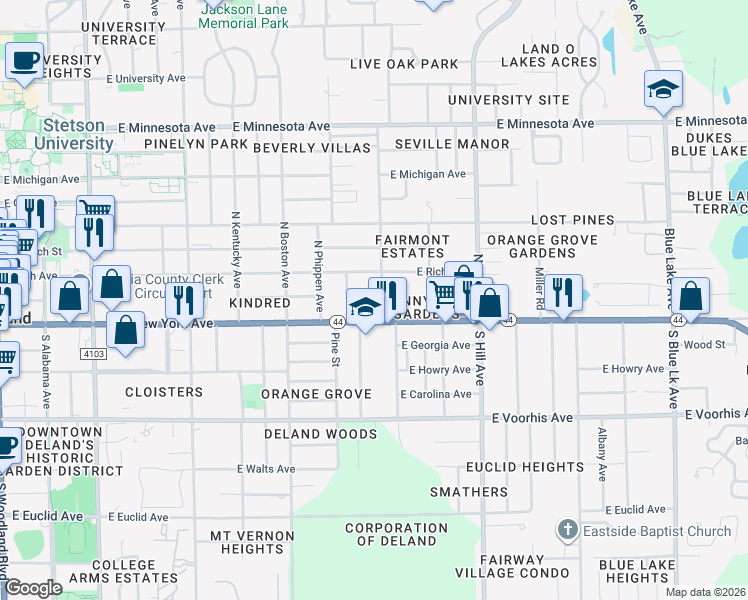map of restaurants, bars, coffee shops, grocery stores, and more near 813 East Indiana Avenue in DeLand