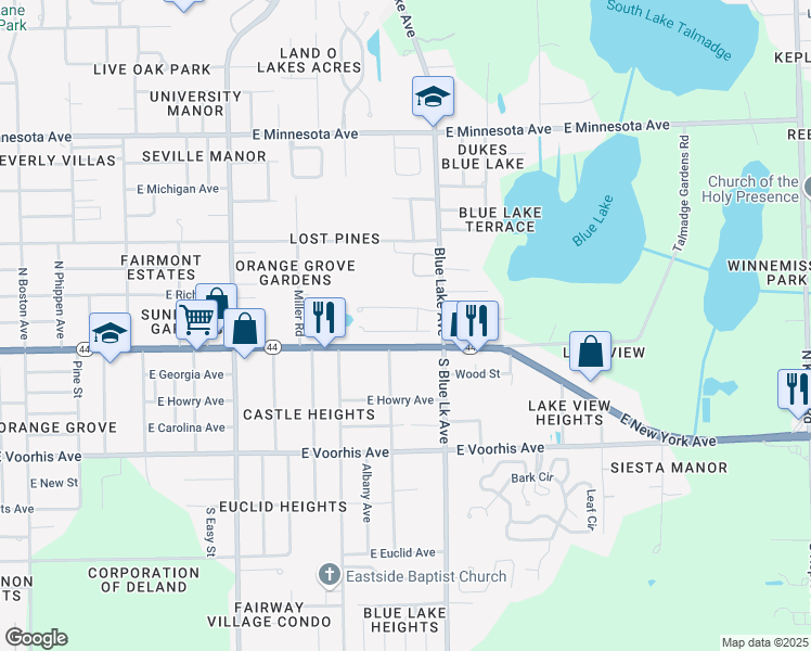 map of restaurants, bars, coffee shops, grocery stores, and more near 1329 Tilapia Trail in DeLand