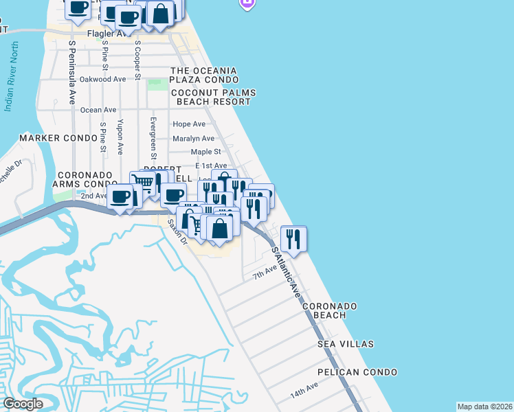 map of restaurants, bars, coffee shops, grocery stores, and more near 1208 South Atlantic Avenue in New Smyrna Beach