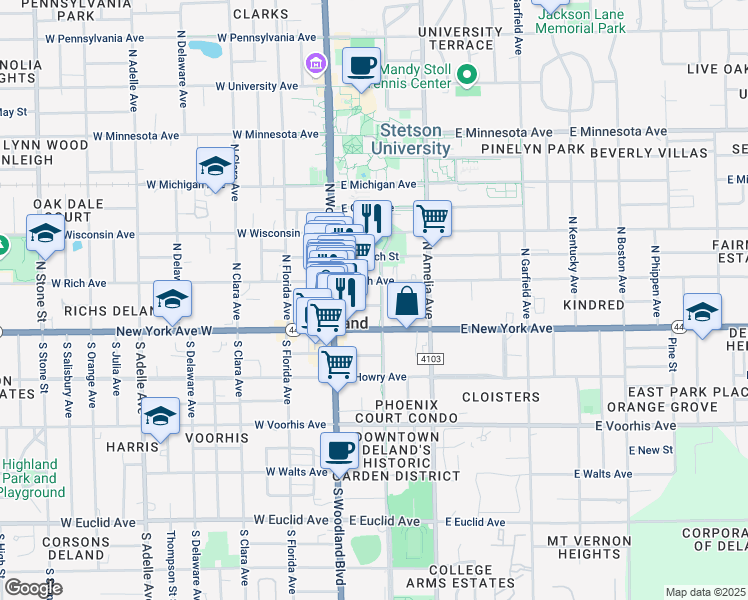 map of restaurants, bars, coffee shops, grocery stores, and more near 134 DeLand Greenway in DeLand