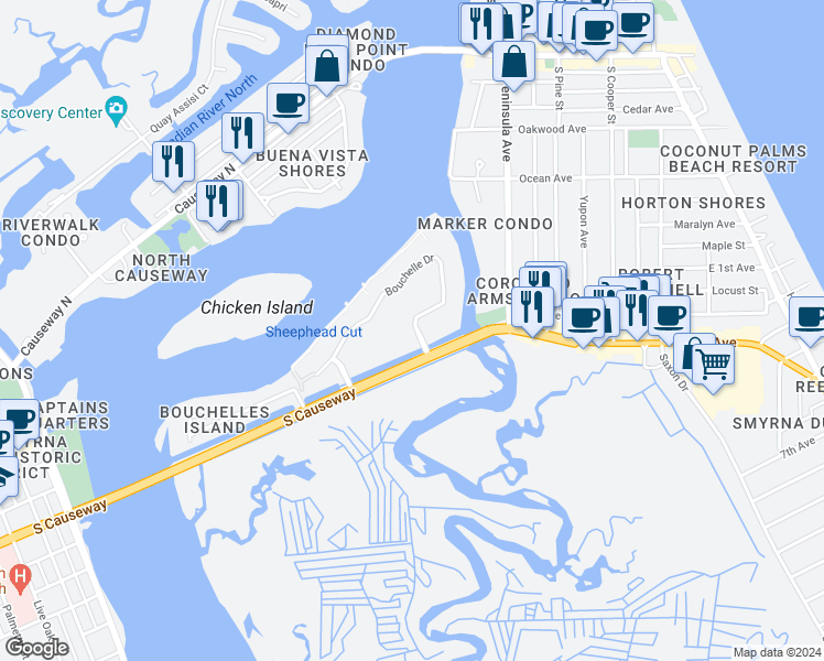 map of restaurants, bars, coffee shops, grocery stores, and more near 407 Bouchelle Drive in New Smyrna Beach