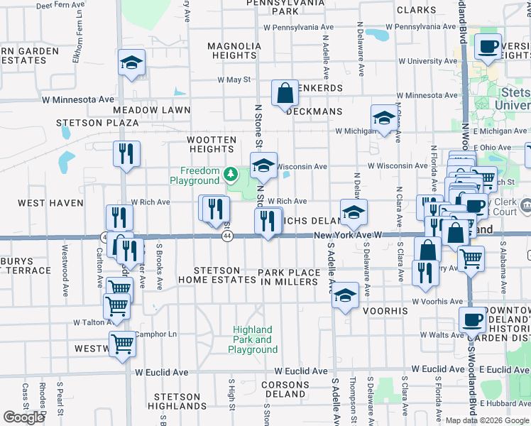 map of restaurants, bars, coffee shops, grocery stores, and more near 628 West Rich Avenue in DeLand