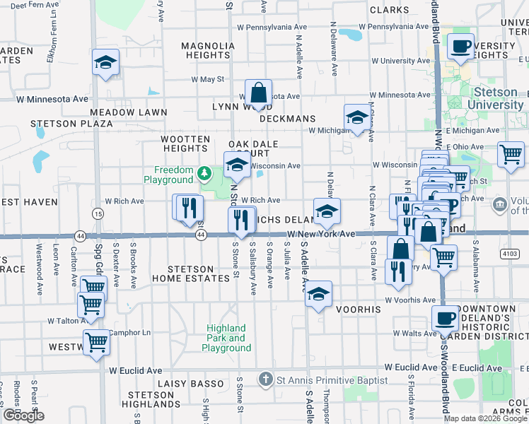 map of restaurants, bars, coffee shops, grocery stores, and more near in DeLand