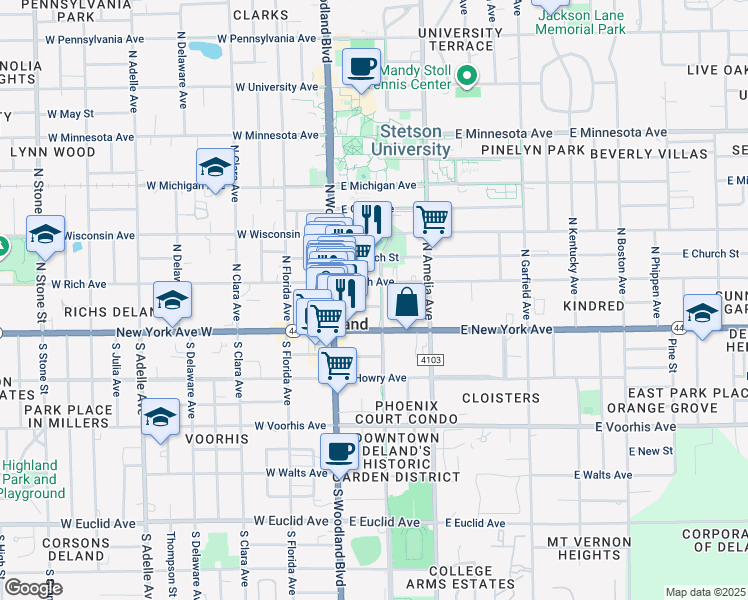 map of restaurants, bars, coffee shops, grocery stores, and more near 134 DeLand Greenway in DeLand