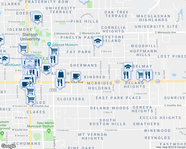 map of restaurants, bars, coffee shops, grocery stores, and more near 613 East Indiana Avenue in DeLand