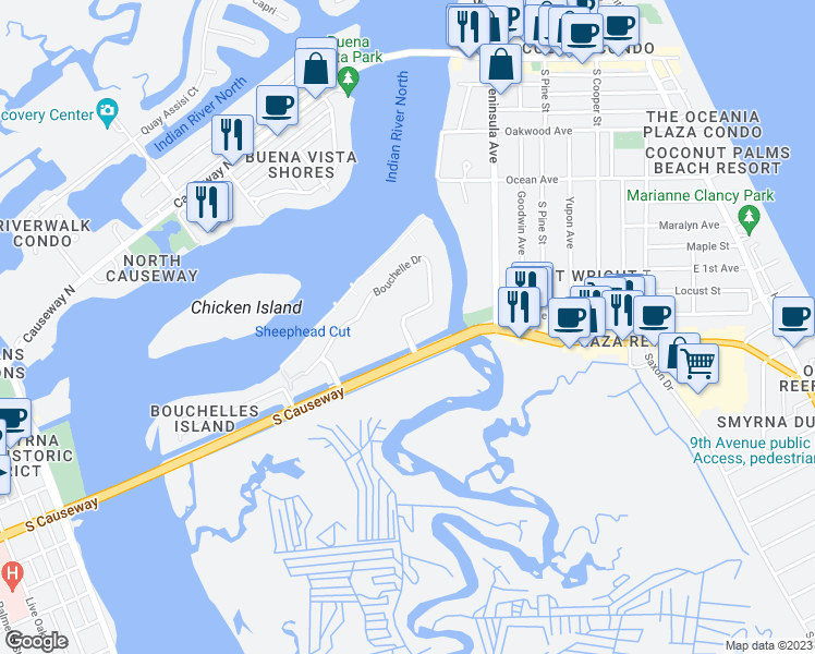 map of restaurants, bars, coffee shops, grocery stores, and more near 420 Bouchelle Drive in New Smyrna Beach