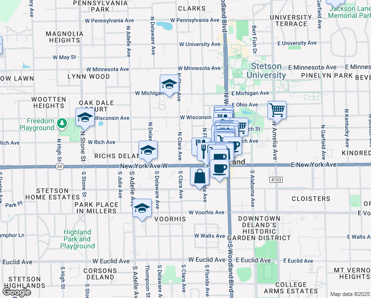 map of restaurants, bars, coffee shops, grocery stores, and more near 145 North Clara Avenue in DeLand