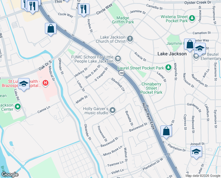 map of restaurants, bars, coffee shops, grocery stores, and more near 66 Cayenne Common in Lake Jackson