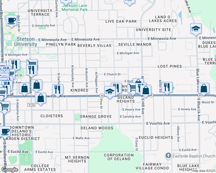 map of restaurants, bars, coffee shops, grocery stores, and more near 813 East Indiana Avenue in DeLand